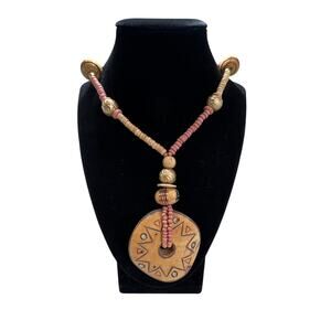 WOOD PENDANT Beaded Necklace Womens Pink Tan Tribal Boho Natural Statement